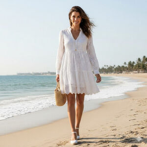 Marea Off White Eyelet LS Tiered Lined Dress Size Small Boho